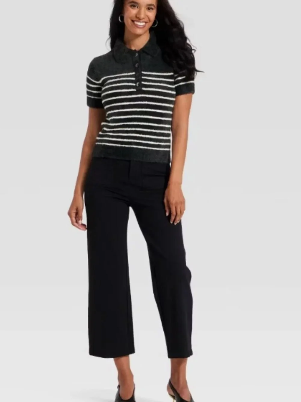 FUZZY Striped Short-Sleeve Polo Top - Black & White
